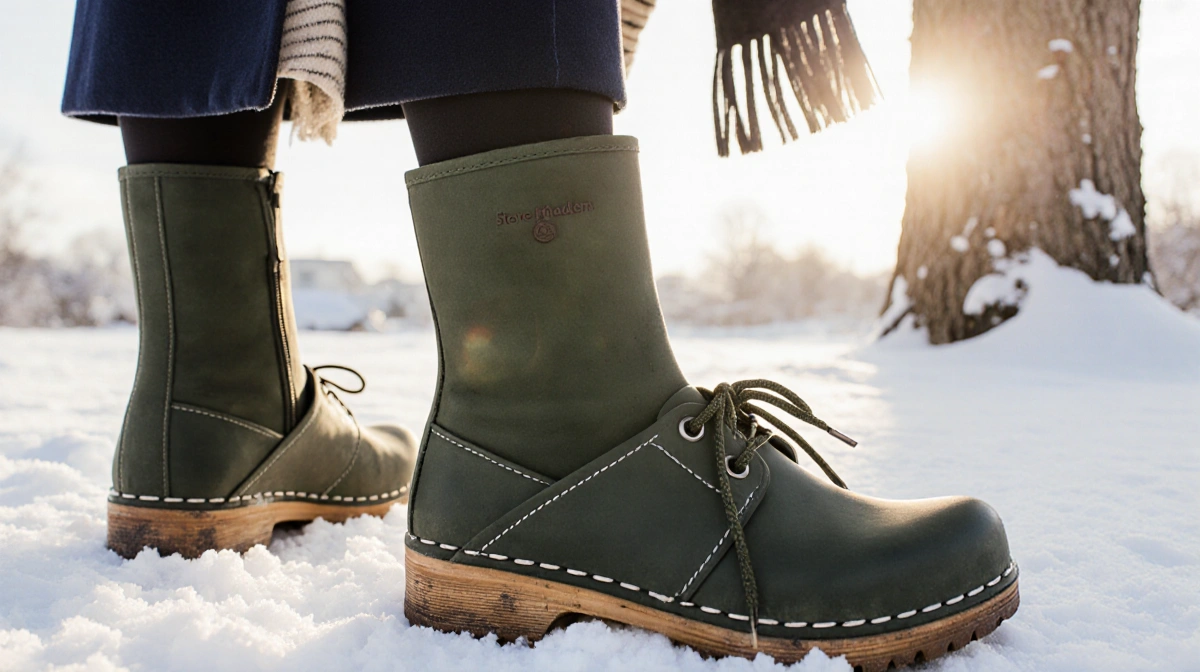 Woman stands confidently wearing Steve Madden clogs with navy coat and scarf near snow-covered tree