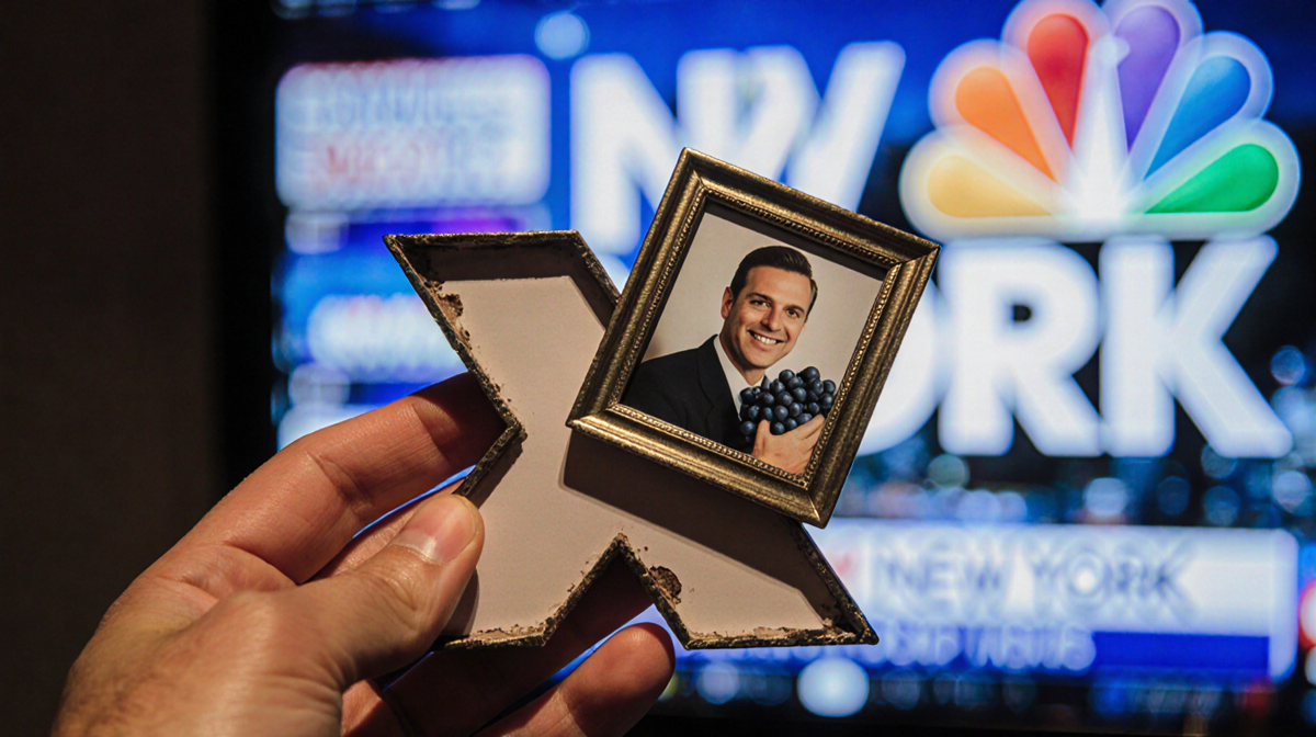 Hand holding X mark with TV screen background showing NBC New York and photo of Peter Napolitano holding grapes