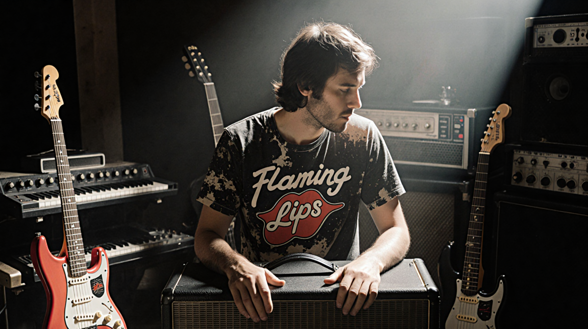 Steven Drozd sits in dim music studio with vintage guitars and amp reflecting on Flaming Lips.