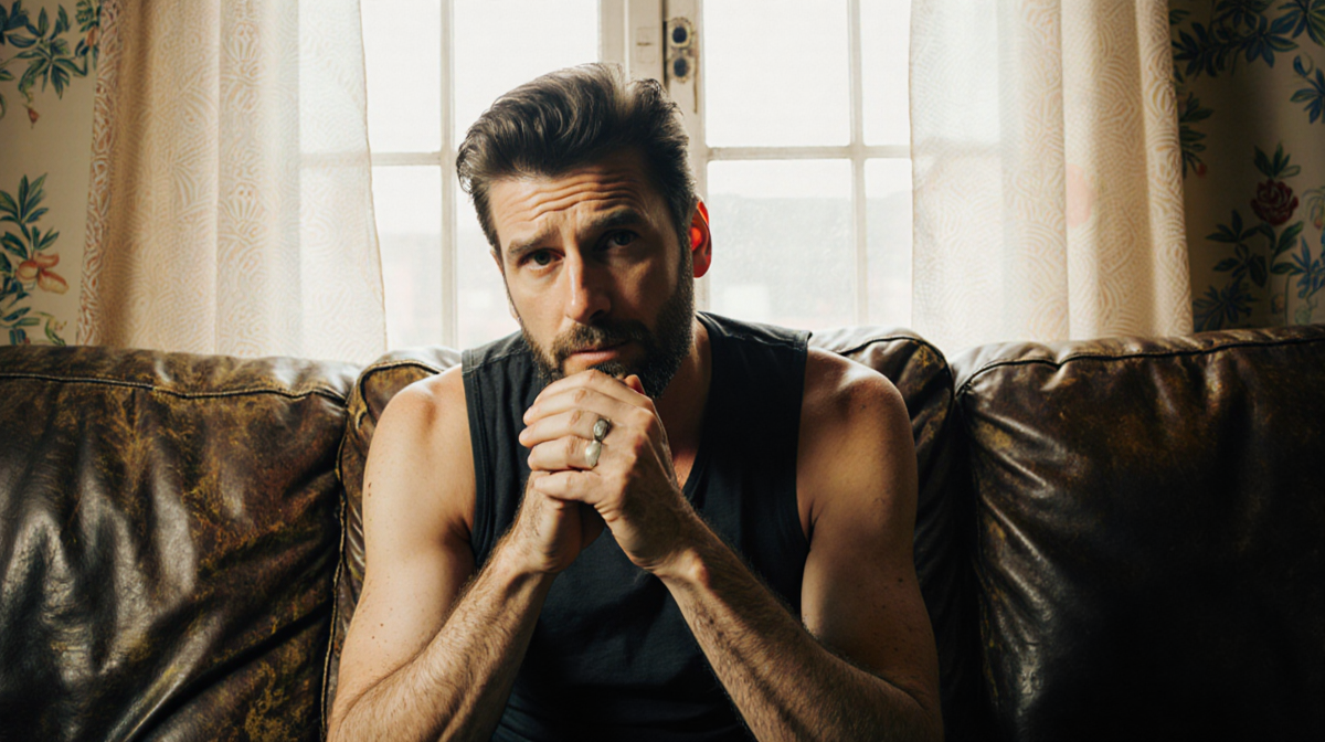 Steven Drozd sits on a worn vintage leather couch with introspective expression and soft natural light highlighting nostalgia