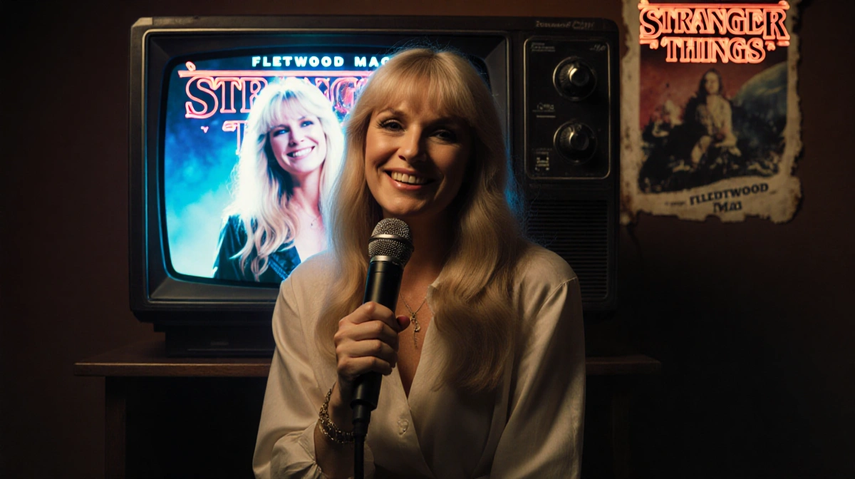 Stevie Nicks smiles while holding a microphone with Stranger Things playing on vintage TV and Fleetwood Mac poster behind her