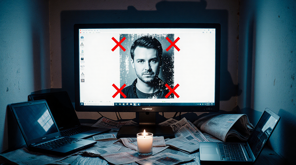 Computer screen glows with a distorted portrait of Matthew Hardy and red X marks harass while a flickering candle casts light