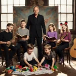 Sting standing with his six children amid a vintage studio backdrop with guitars and drums around.