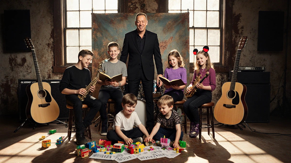 Sting standing with his six children amid a vintage studio backdrop with guitars and drums around.