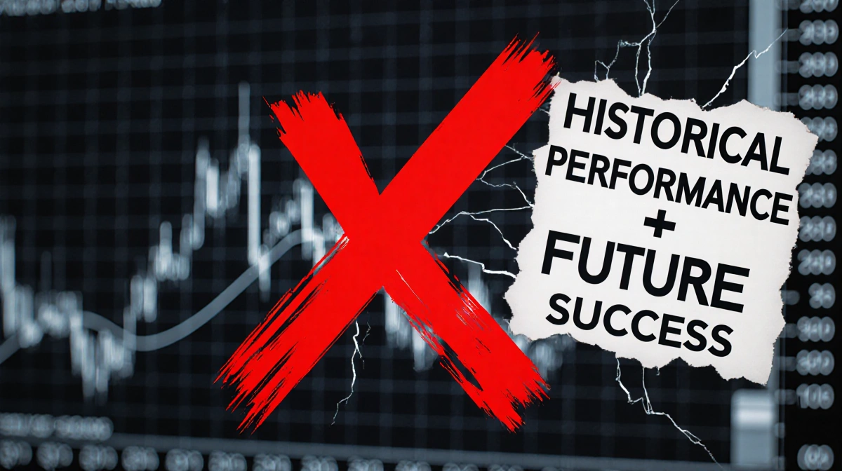 Red X marks stock chart with warning sign reading historical performance does not guarantee future success