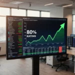 Stock market data flows across computer screens with an RS Rating graph showing upward momentum and office plants nearby
