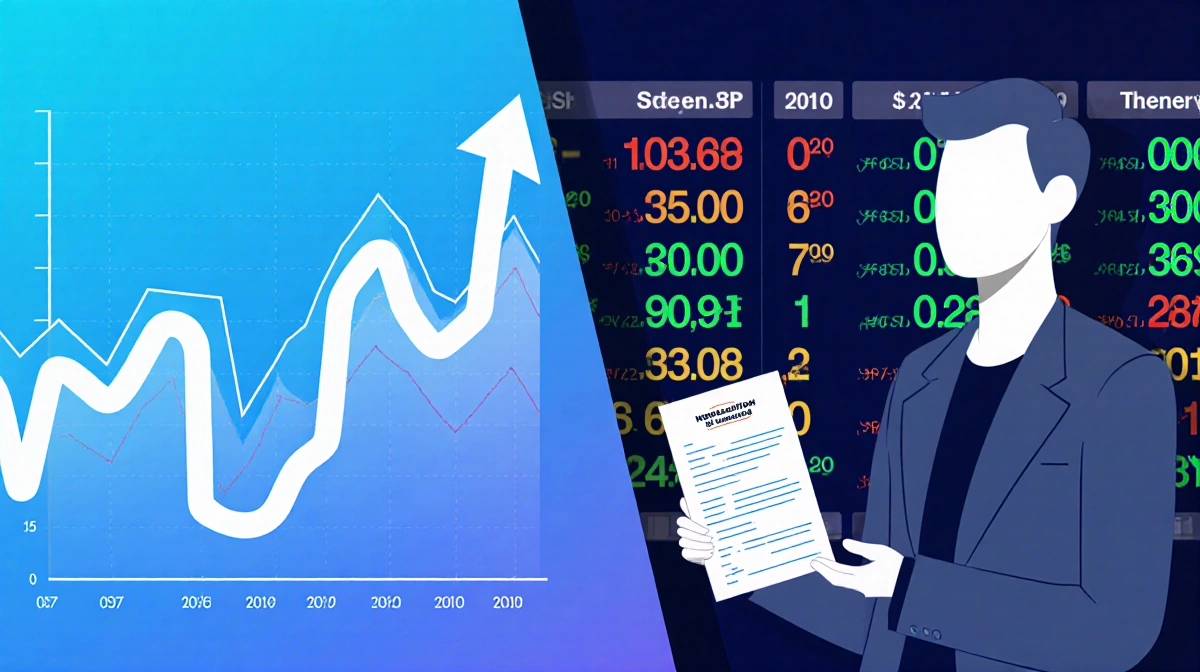 Author stands with position ticket beside stock chart showing volatile market performance with warning overlay