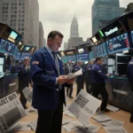 Panicked trader clutching papers with stock ticker showing plunging prices and worried investors surrounding desk