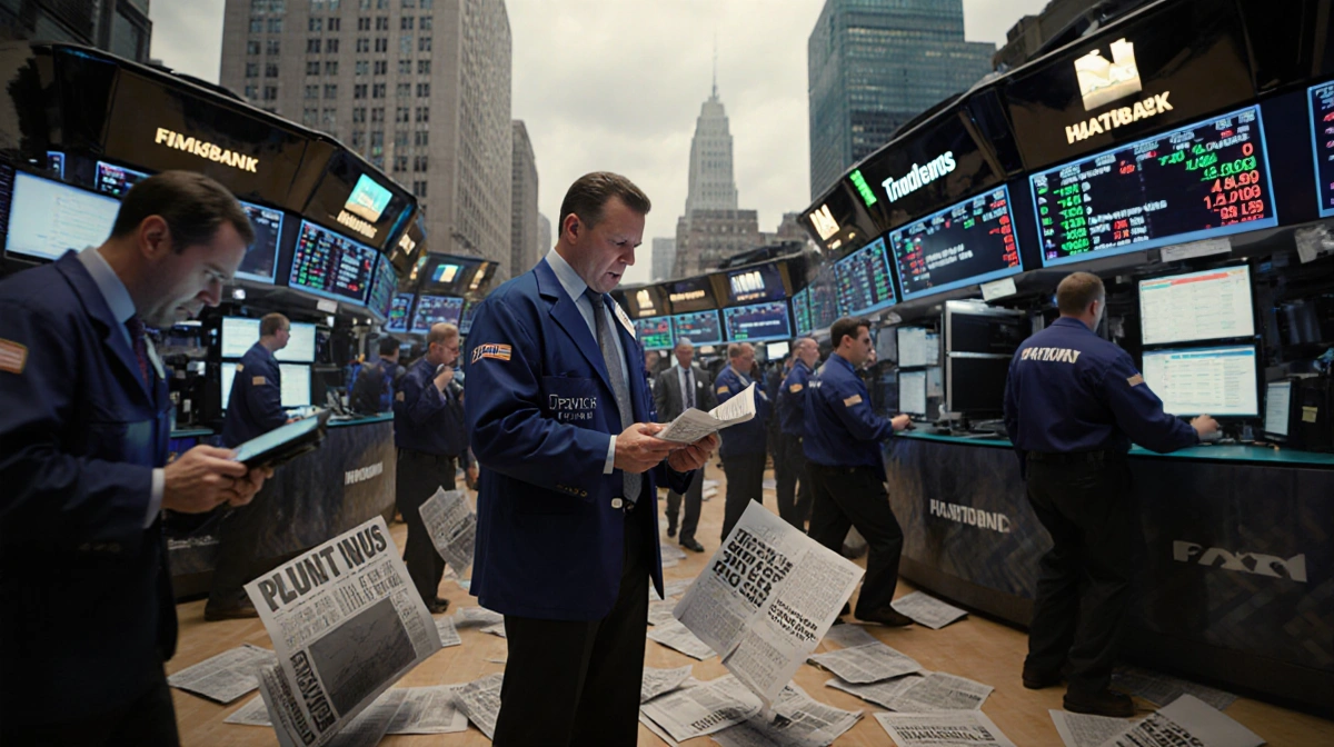 Panicked trader clutching papers with stock ticker showing plunging prices and worried investors surrounding desk