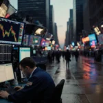 Trader staring at crashing stock prices on screen with charts falling and neon lights reflecting off wet pavement