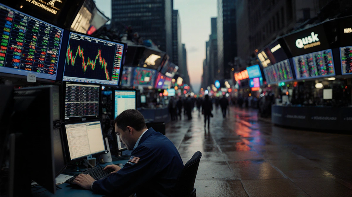 Trader staring at crashing stock prices on screen with charts falling and neon lights reflecting off wet pavement