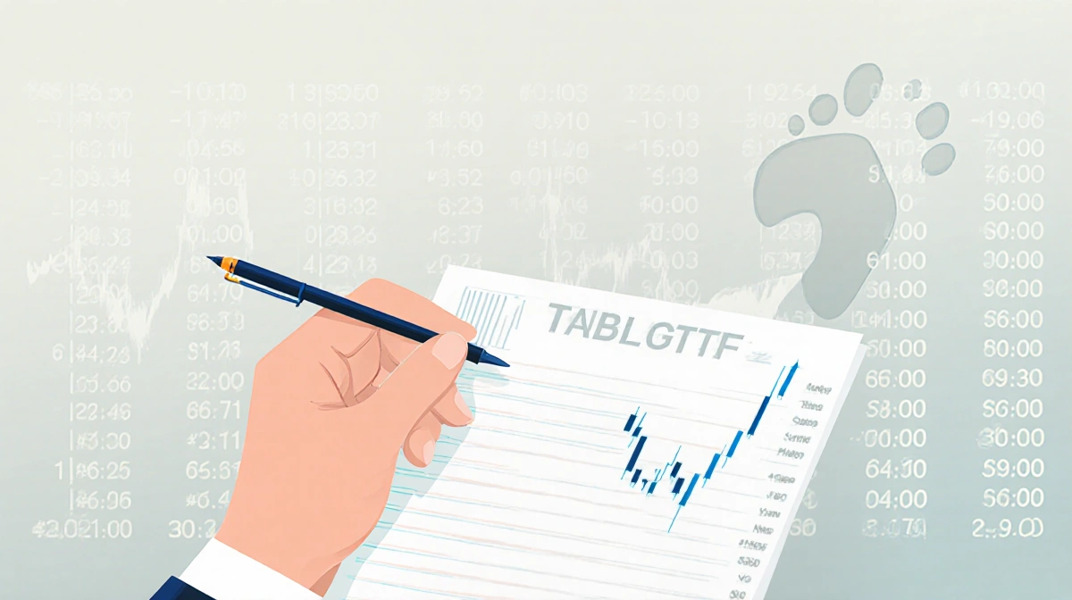 Stock market ticker tape flows across the screen with hand holding pen and stock certificate outline showing disclosure