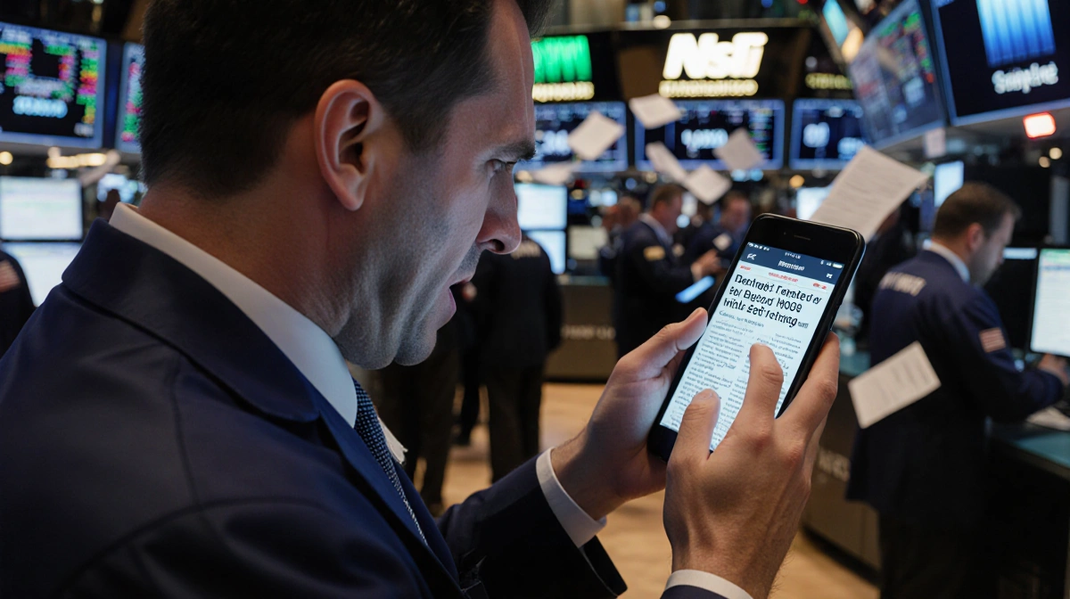 Anxious investor checking phone with stock market crash headline while traders rush past in dim trading floor