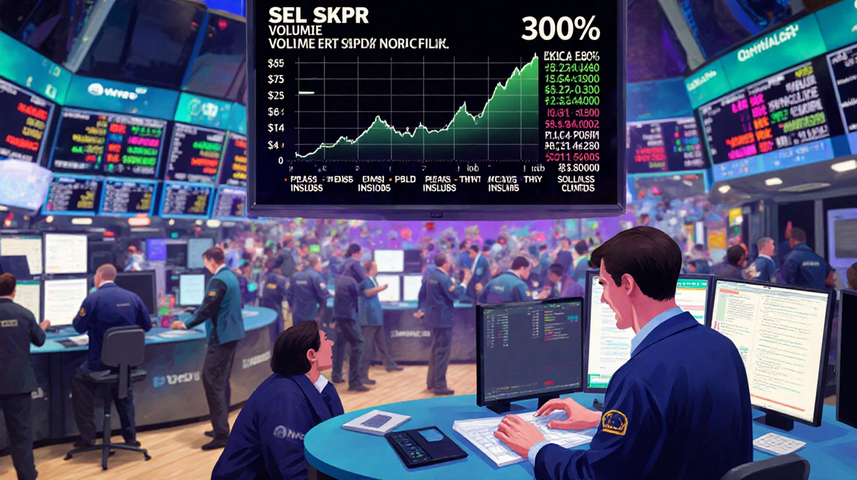 Editor frantically typing on computer with stock ticker showing 300% volume spike and trading floor chaos behind