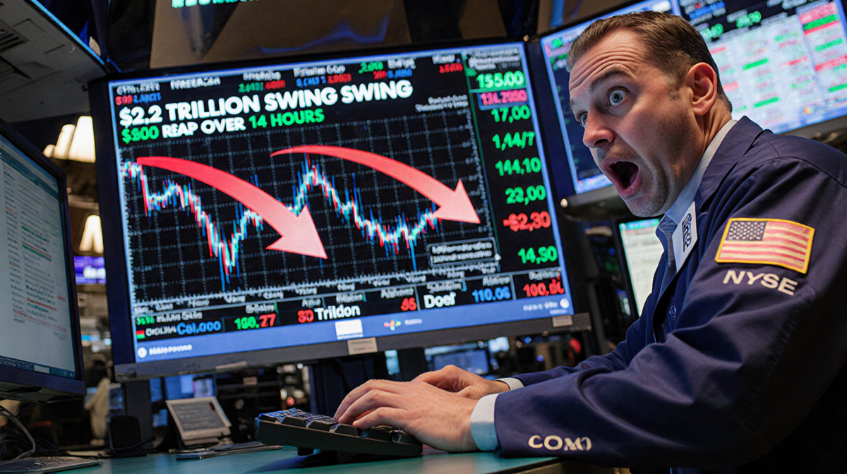 Trader sits with eyes wide in shock and hands grasping keyboard while a massive stock market screen shows a $2 trillion swing