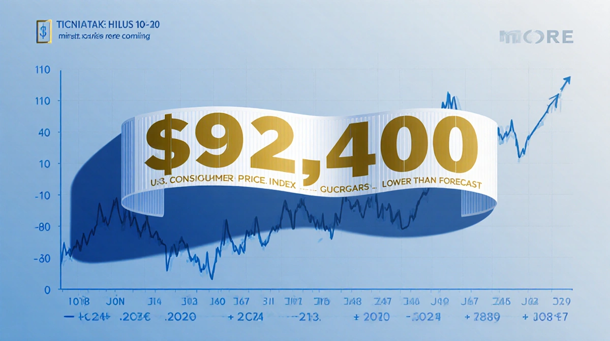 Golden ticker tape unwinding with $92400 in bold letters and blue CPI graph showing lower than expected inflation