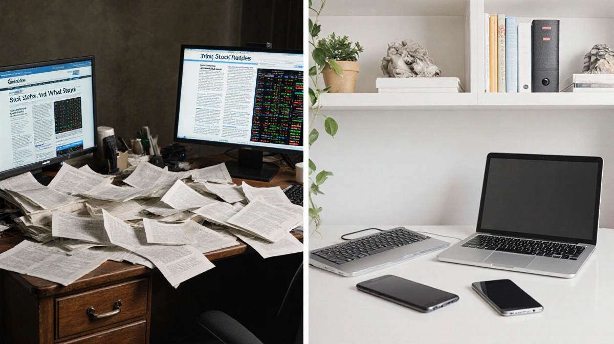 Old cluttered desk with scattered papers shows outdated stock lists while clean laptops nearby represent modern market update