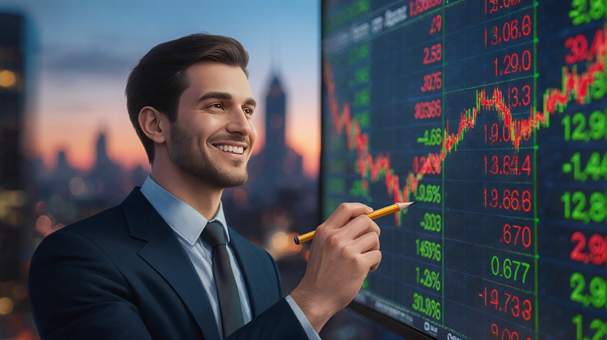 Professional investor studies stock chart with pen and subtle smile with city skyline fading at dusk