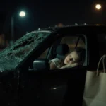 A car sits with broken window and scattered belongings while a girl sleeps inside with dashboard lights glowing softly