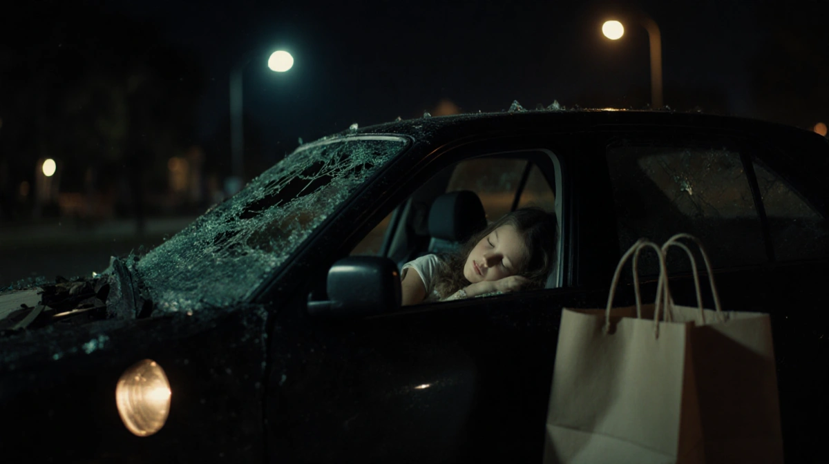 A car sits with broken window and scattered belongings while a girl sleeps inside with dashboard lights glowing softly