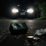 A shattered dashboard camera sensor lies on cracked asphalt with coins and receipt nearby as car headlights glow in the dista