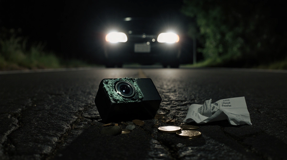 A shattered dashboard camera sensor lies on cracked asphalt with coins and receipt nearby as car headlights glow in the dista