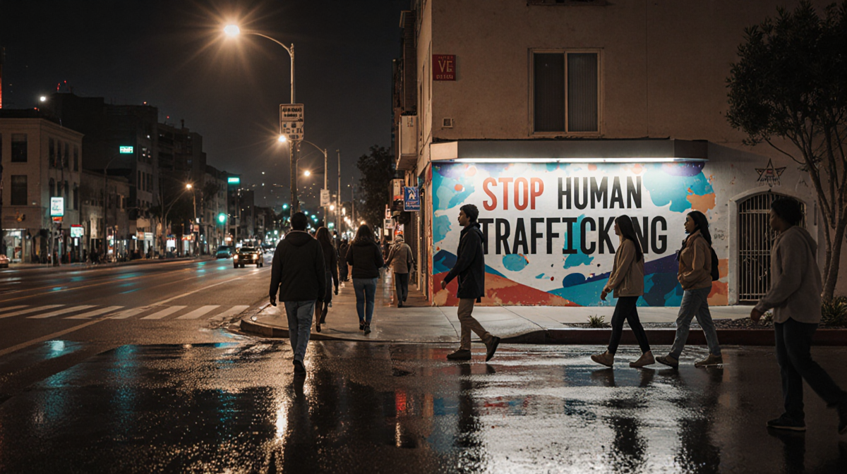 Pedestrians walking toward a stop human trafficking mural with wet pavement reflecting city lights and streetlight glow