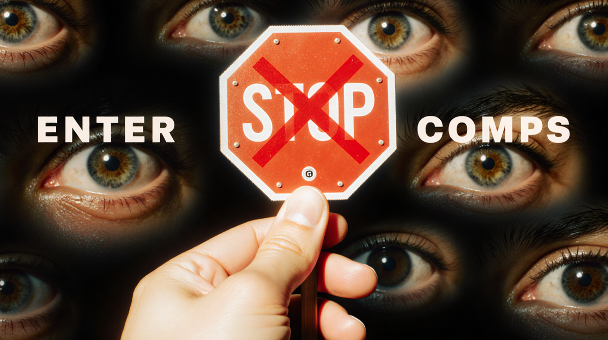 Hand holding stop sign with red X under golden light and blurred eyes watching and text overlaying public scrutiny.