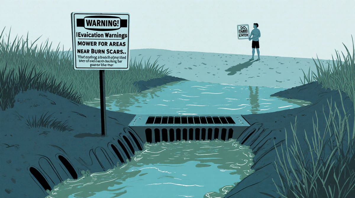 Beachgoer holding Do Not Enter sign with warning sign above storm drain and mud flow hazard in murky water.