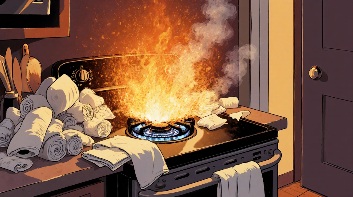 Cluttered stovetop overflows with paper towels and dish towels and wisps of smoke radiating heat toward a kitchen door