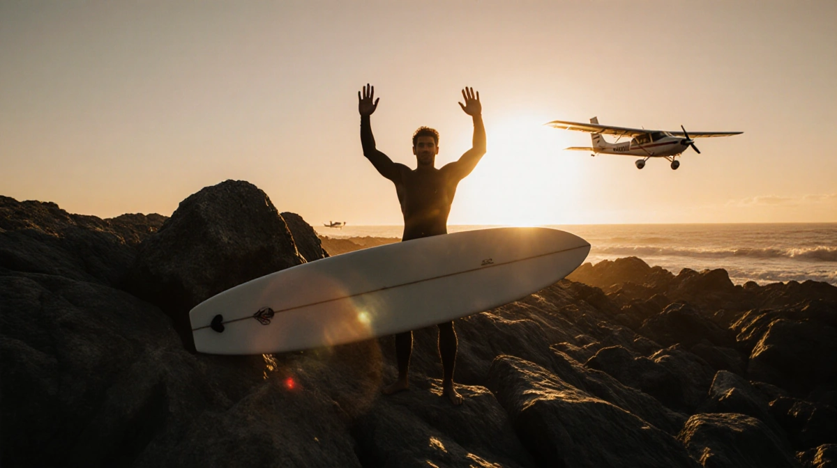 Surfer waves arms beside board on rocky shoreline with distant aircraft and golden sunset