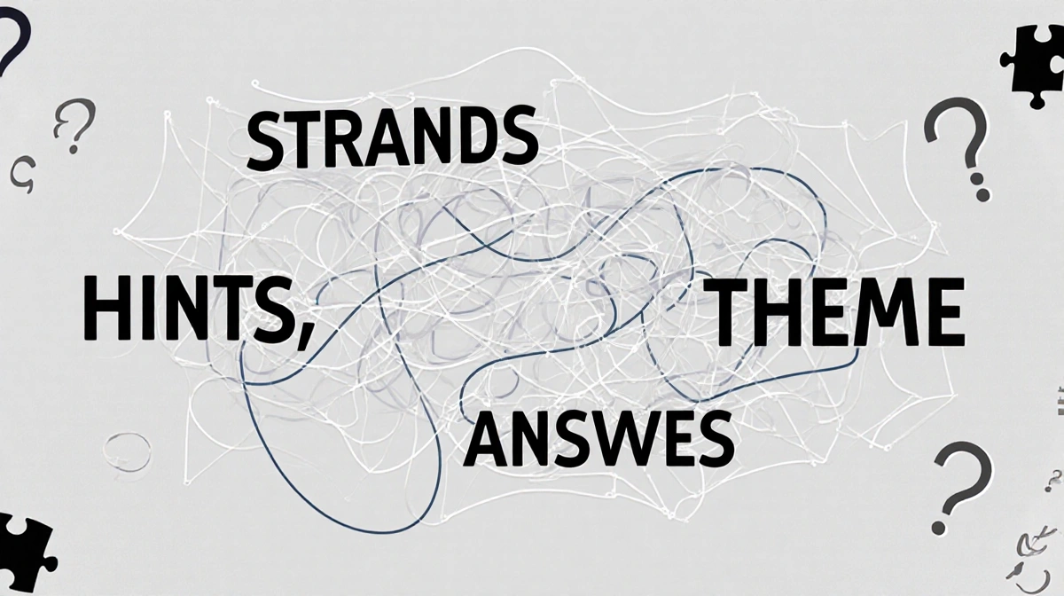Tangled web of puzzle threads connecting bold words HINTS THEME ANSWER with question marks and pieces around edges