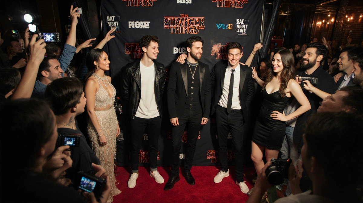 Rihanna and A$AP Rocky laughing with Stranger Things cast at NYC comedy after-party with red carpet and flashing cameras