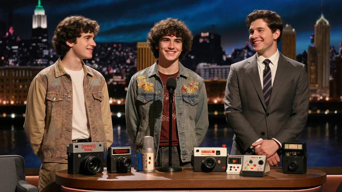 Caleb McLaughlin and Gaten Matarazzo stand at SNL microphone with Finn Wolfhard smiling nearby and Stranger Things props behi