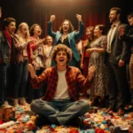 Finn Wolfhard sits center stage with the Stranger Things cast backstage at SNL showing excitement and joy