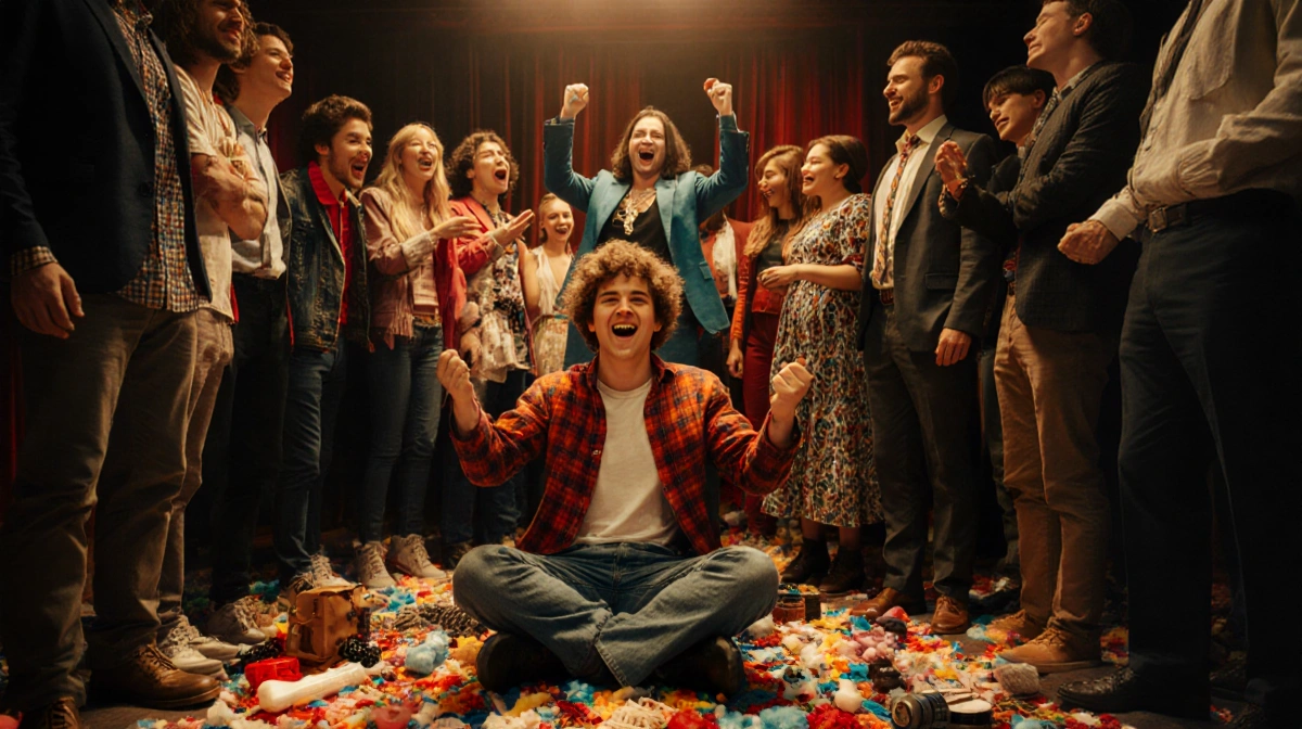 Finn Wolfhard sits center stage with the Stranger Things cast backstage at SNL showing excitement and joy