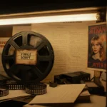 Worn 8mm film reel labeled Finale Script sits at center with Stranger Things scripts and posters scattered around