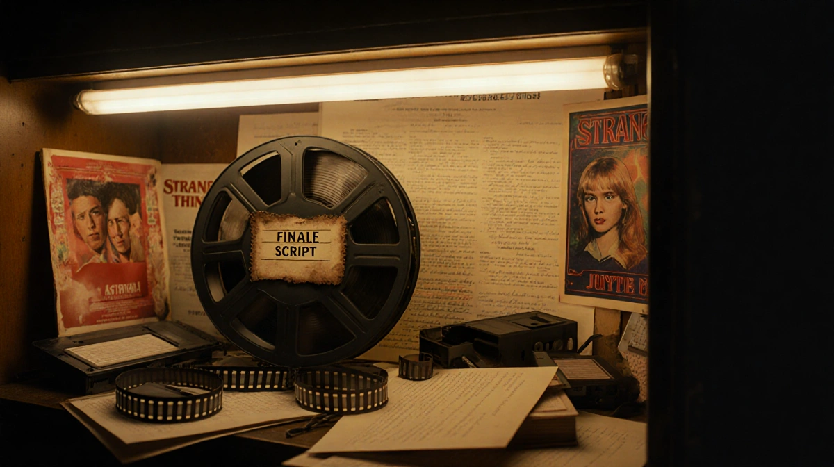 Worn 8mm film reel labeled Finale Script sits at center with Stranger Things scripts and posters scattered around