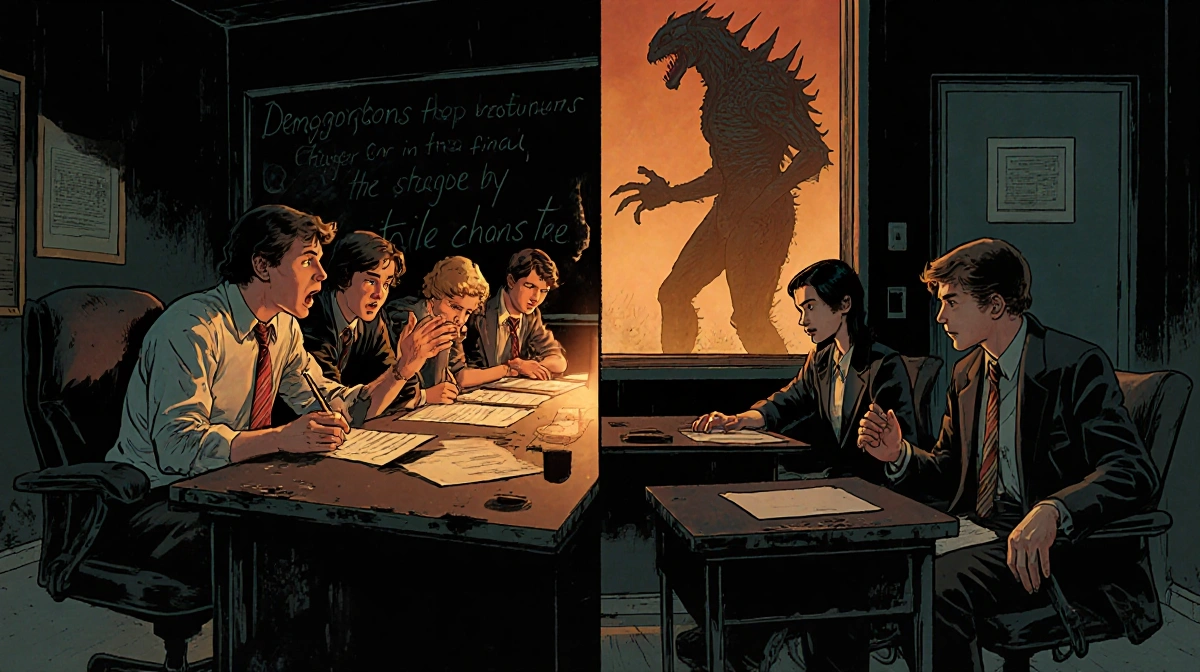 Writers arguing over Demogorgon battle scene with tense group debating and shadowy monster lurking behind