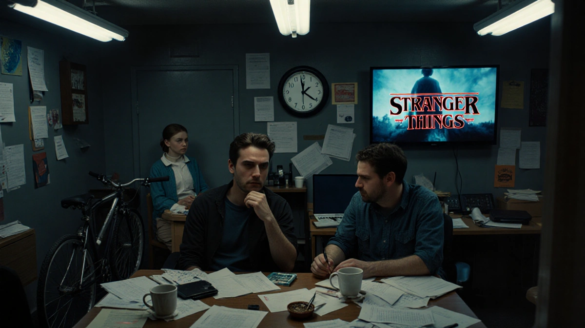 Matt and Mike Duffer writing Stranger Things finale script with ticking wall clock and Eleven