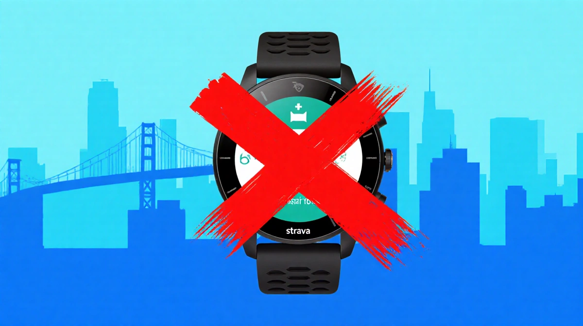 Red X marks fitness tracker with San Francisco skyline behind showing Strava termination