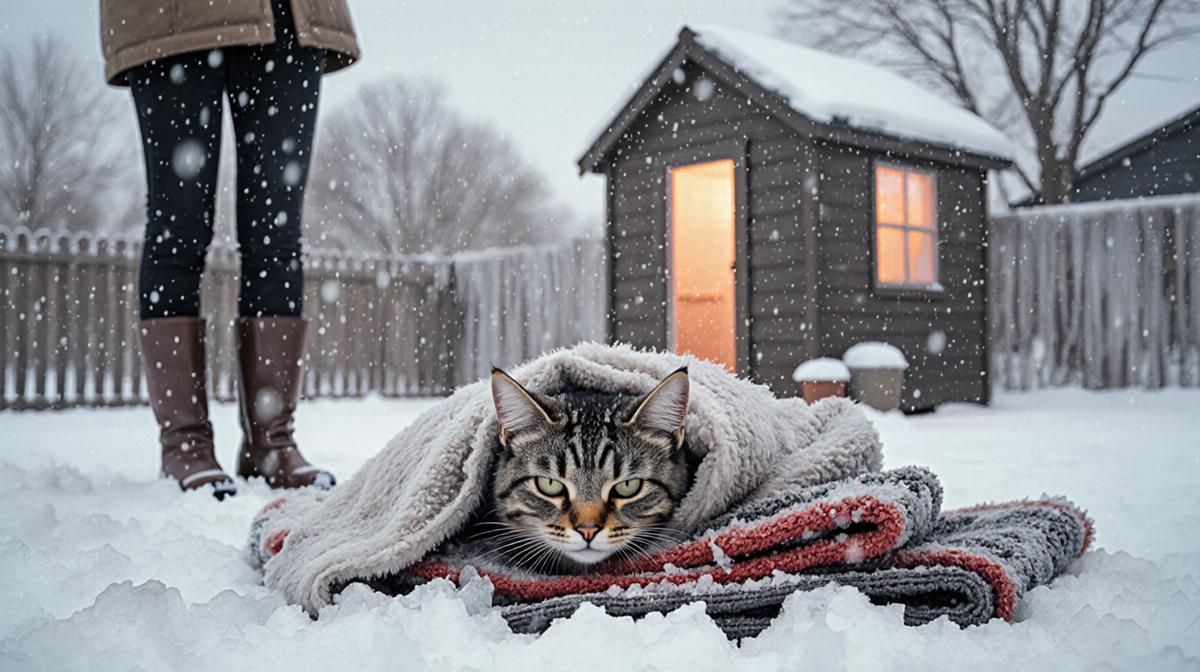Furry stray cat curling up under blankets with warm glow of heated house and light snow in background