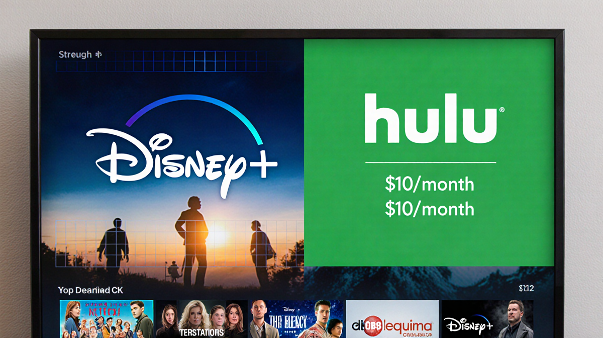 A split-screen television screen shows Disney+ logo with $10/month discount and Hulu logo with regular price behind shows.