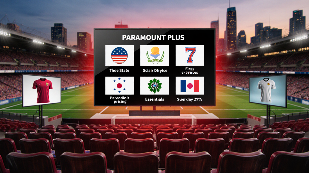 Streaming service table with region options and Paramount Plus US highlighted with red glow blurred soccer stadium background