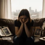 A tired woman sits on a worn couch with photo albums and church pamphlets as soft window light streams in