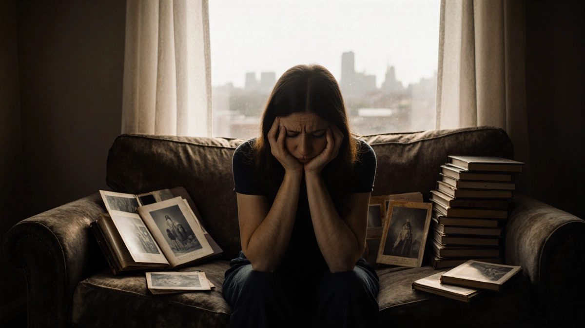 A tired woman sits on a worn couch with photo albums and church pamphlets as soft window light streams in