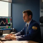Professional trader analyzing financial data with multiple monitors showing charts and stock market news