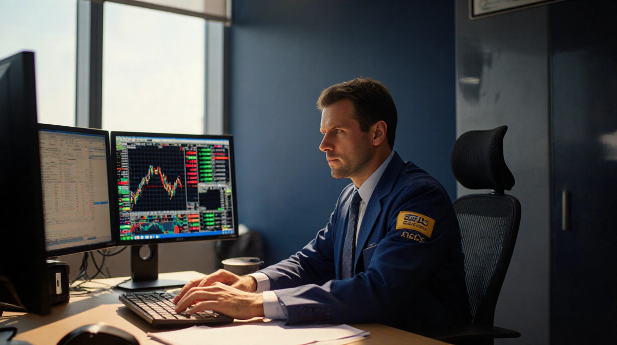 Professional trader analyzing financial data with multiple monitors showing charts and stock market news