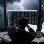 Stressed trader cradling head while staring at stock ticker screen with lightning flashing through office window