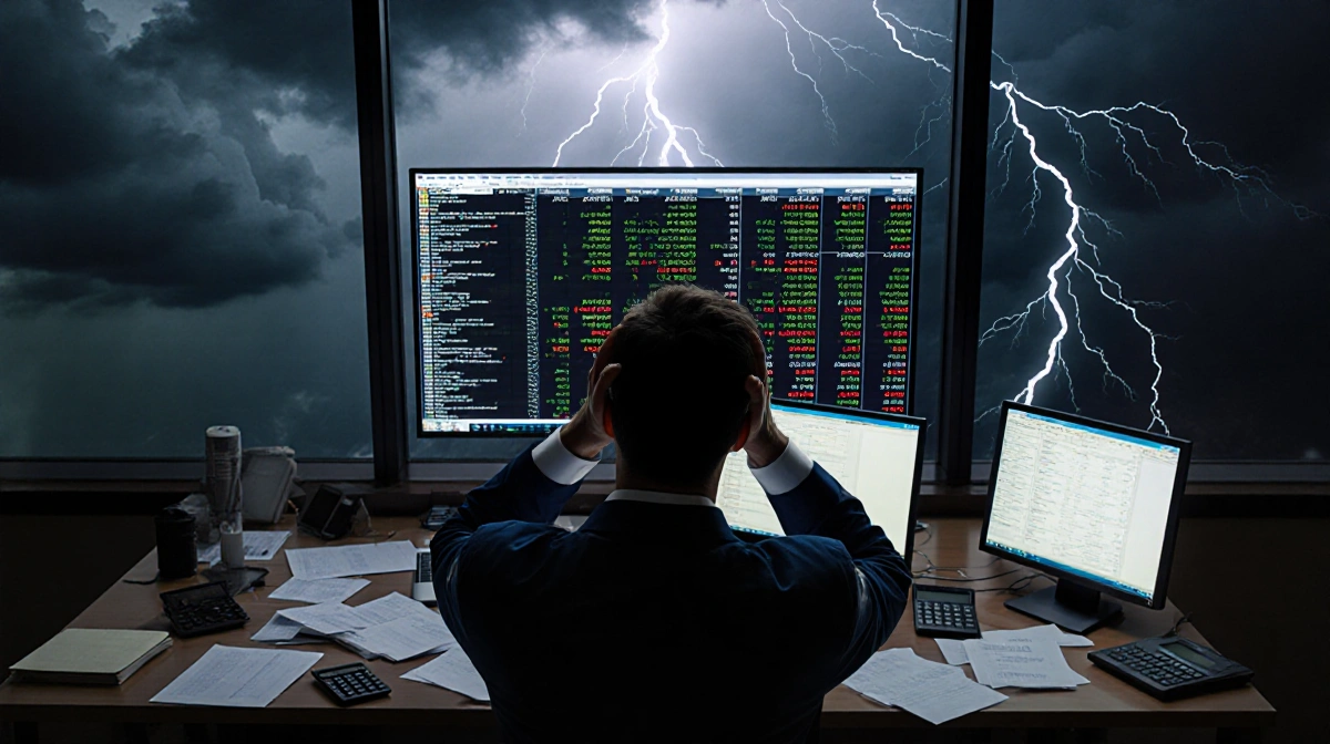 Stressed trader cradling head while staring at stock ticker screen with lightning flashing through office window
